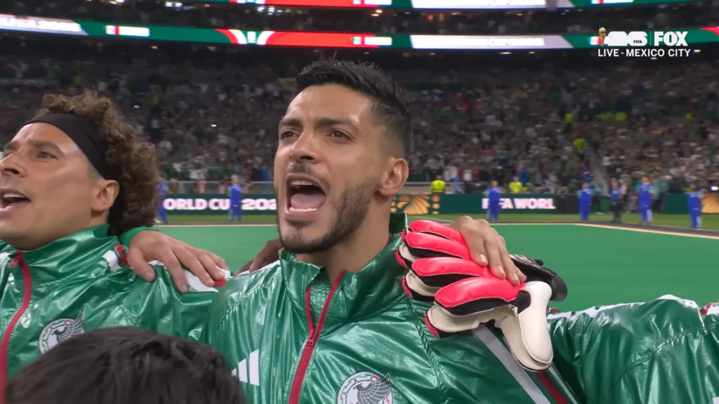 Mexico players line up during the national anthem before facing Ecuador in the 2026 FIFA World Cup Round of 32.