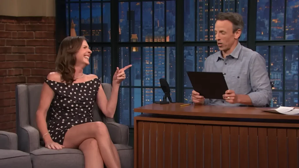 Molly Shannon laughs during her interview with Seth Meyers
