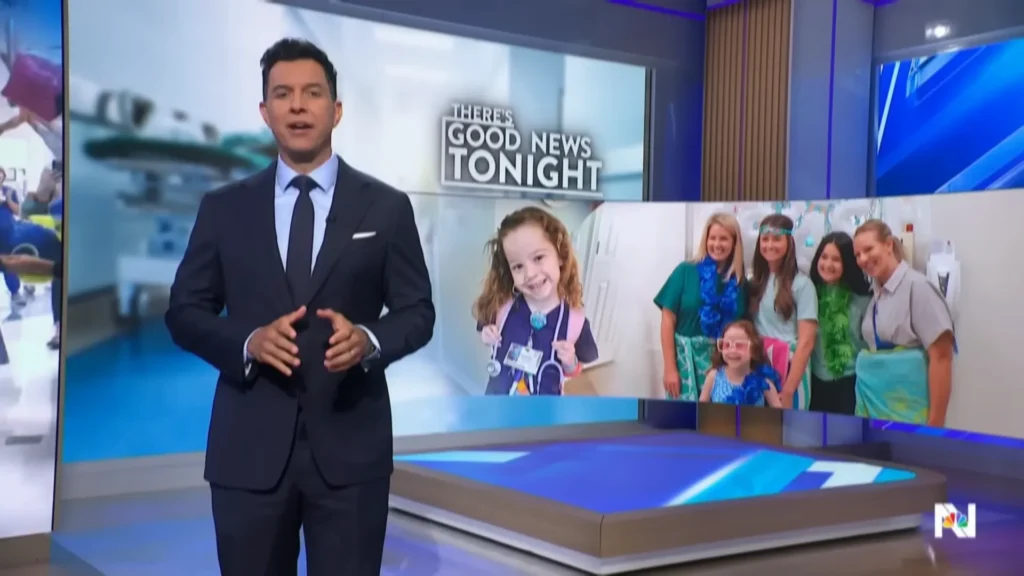 Tom Llamas introducing the Good News Tonight segment beside images of a young hospital patient and care team