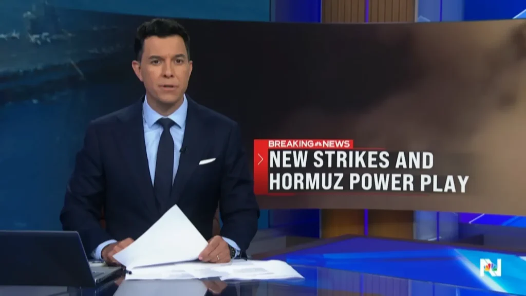 Tom Llamas reporting on new U.S. strikes and the Strait of Hormuz during NBC Nightly News