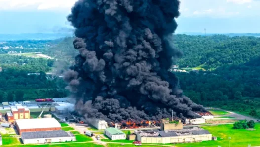 Heavy smoke rising from the Peoples Cartage warehouse fire in Parkersburg, West Virginia.
