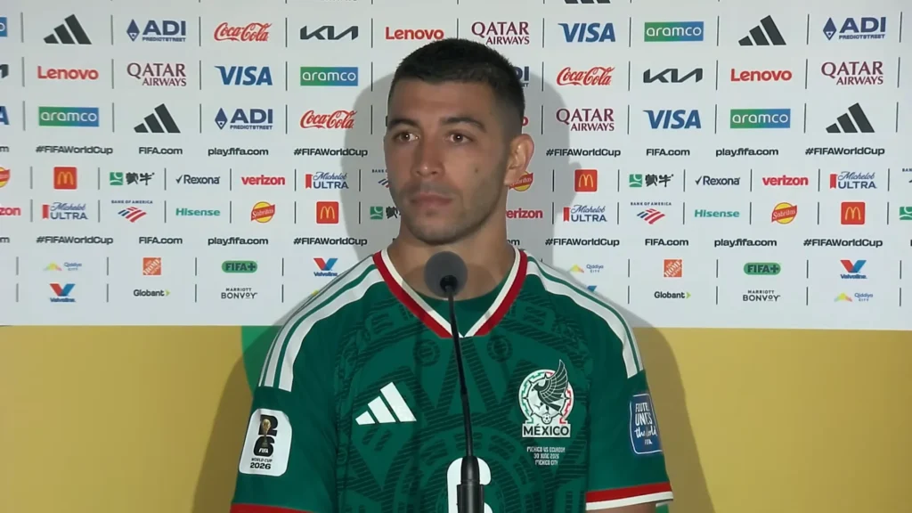 Mexico players speak during post-match interviews after the 2-0 win over Ecuador at the 2026 FIFA World Cup.