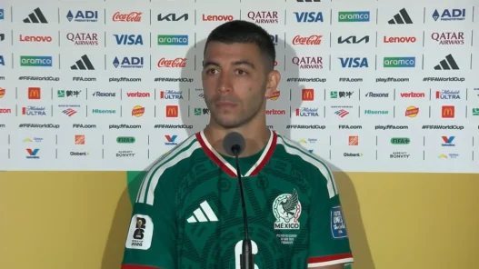 Mexico players speak during post-match interviews after the 2-0 win over Ecuador at the 2026 FIFA World Cup.