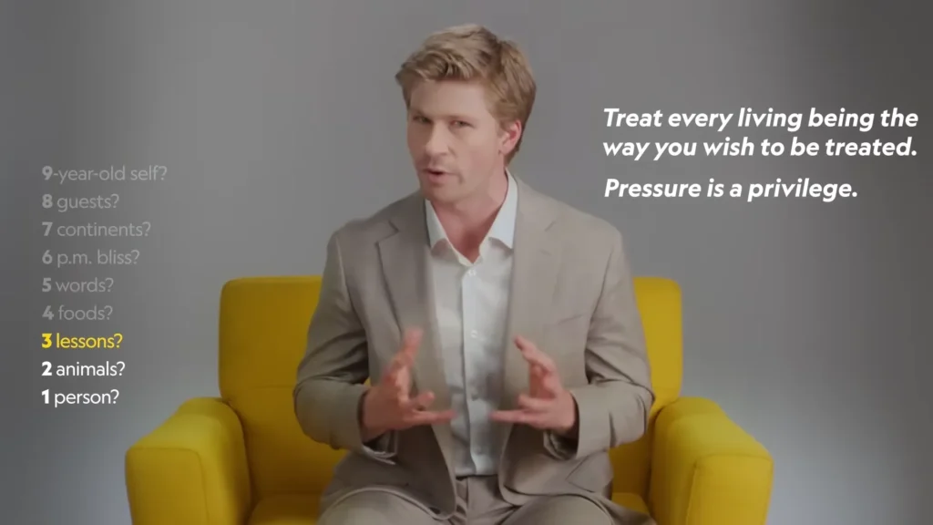 Robert Irwin leaning into a thoughtful answer during the Nat Geo 9 yellow-chair interview