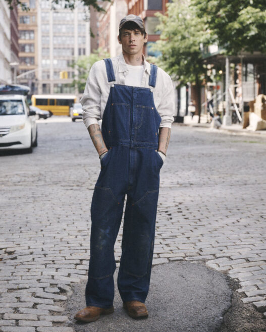Cole Mohr posing in denim from the Levi’s x Sky High Farm Goods campaign
