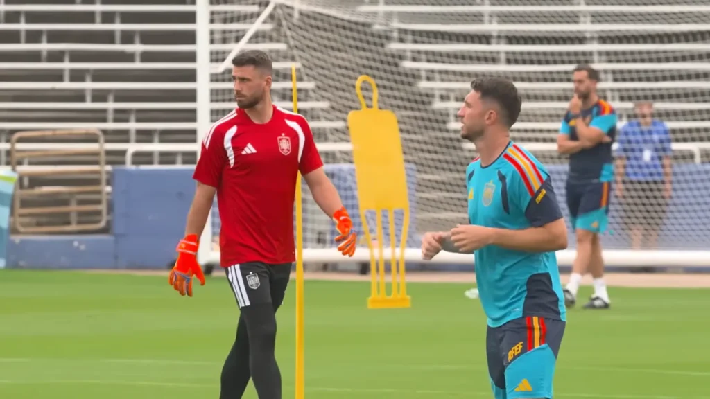 Spain players warm up before the FIFA World Cup 2026 semifinal against France.