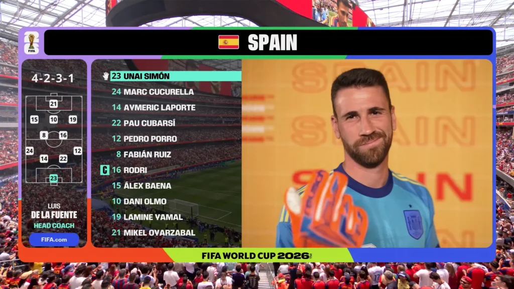 Spain vs Belgium first-minute highlight still from the FIFA World Cup 2026 quarterfinal.