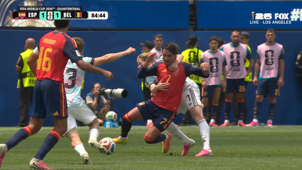 Spain players celebrate during the FIFA World Cup 2026 quarterfinal highlights against Belgium.