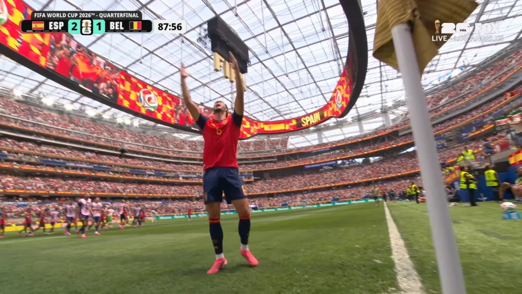 Spain defends against Belgium during the FIFA World Cup 2026 quarterfinal match.