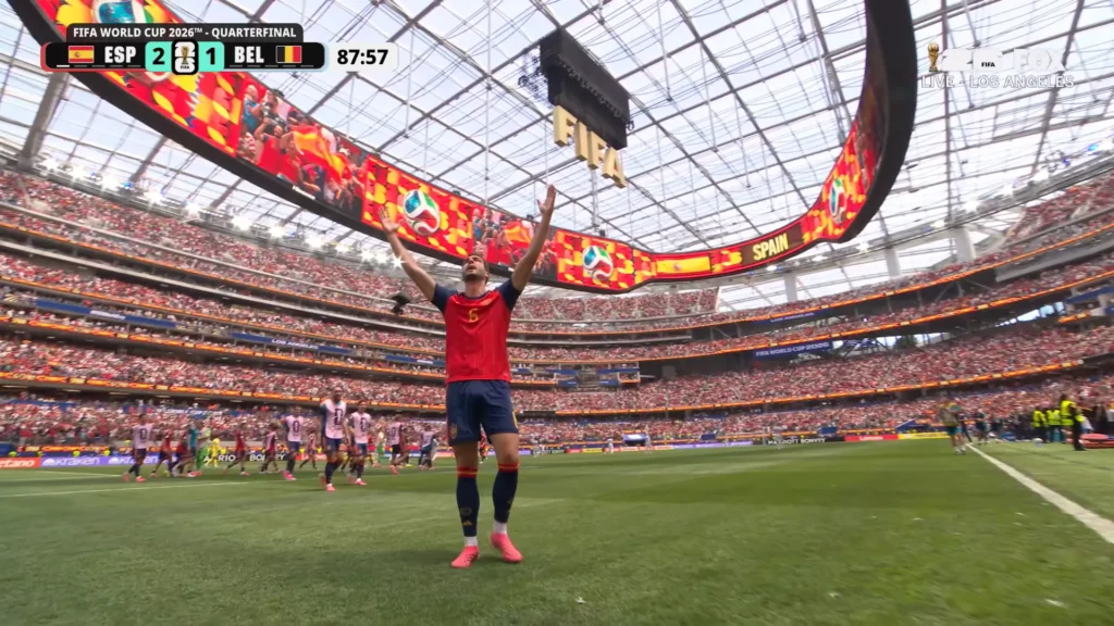 Belgium attacks against Spain during the FIFA World Cup 2026 quarterfinal highlights.