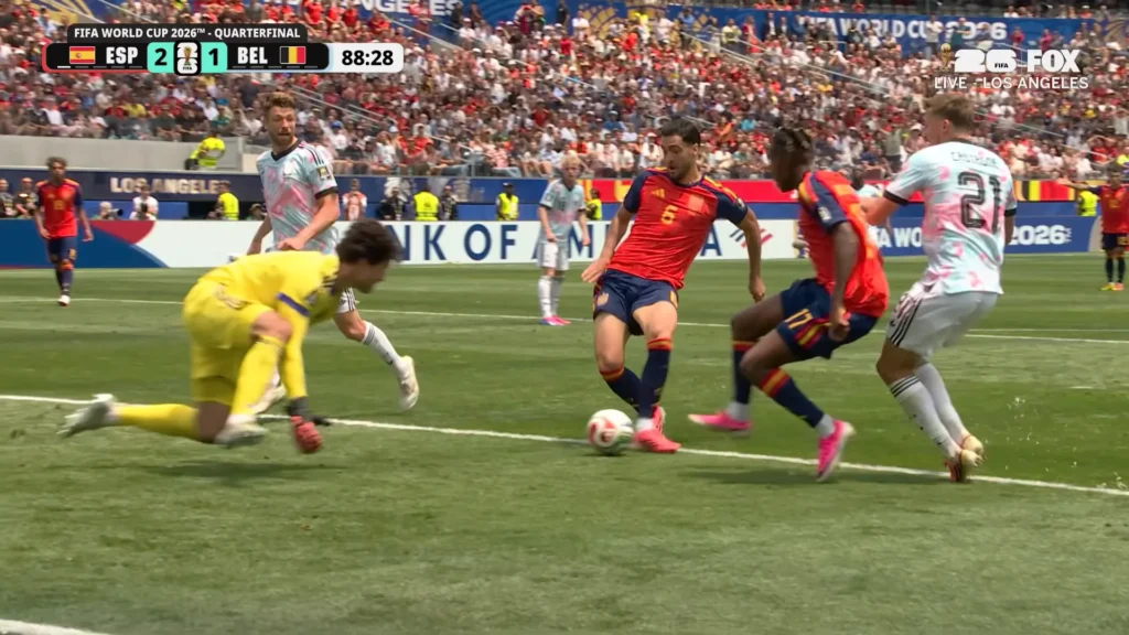 Spain vs Belgium World Cup 2026 quarterfinal action screenshot.
