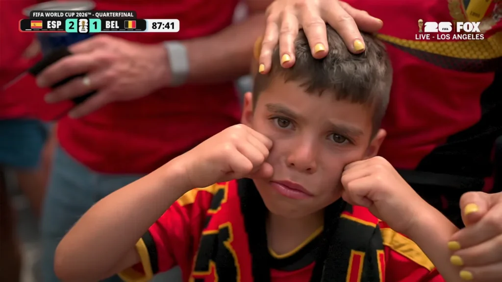 Spain vs Belgium FIFA World Cup 2026 quarterfinal midfield action still.