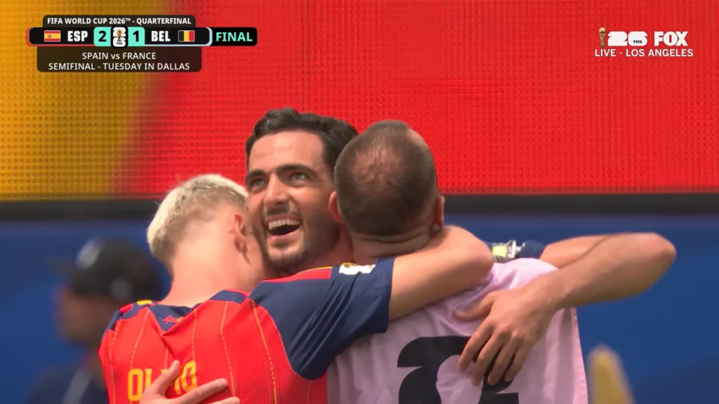 Spain vs Belgium FIFA World Cup 2026 quarterfinal highlight still from late in the match.