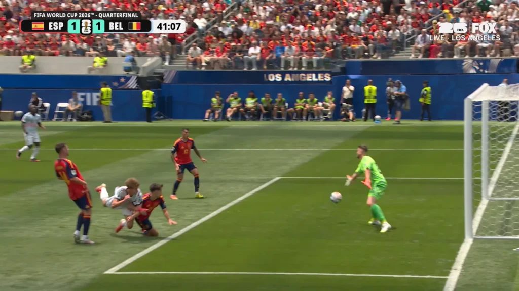 Spain vs Belgium World Cup 2026 quarterfinal highlight moment near the box.