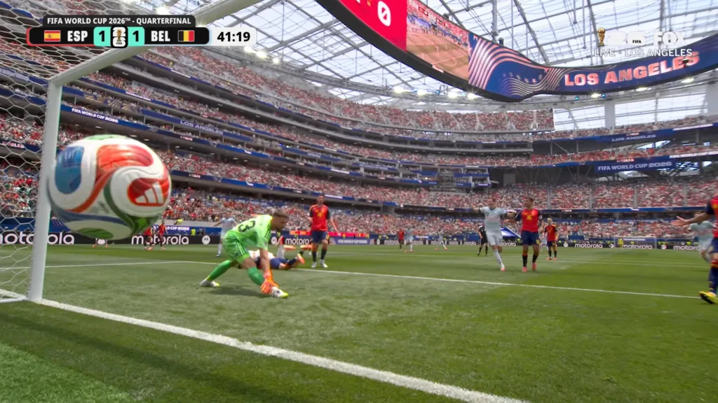 Belgium goalkeeper and defenders during Spain vs Belgium at the FIFA World Cup 2026.