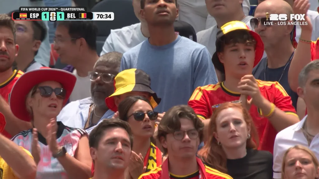 Belgium players react during the FIFA World Cup 2026 quarterfinal match against Spain.
