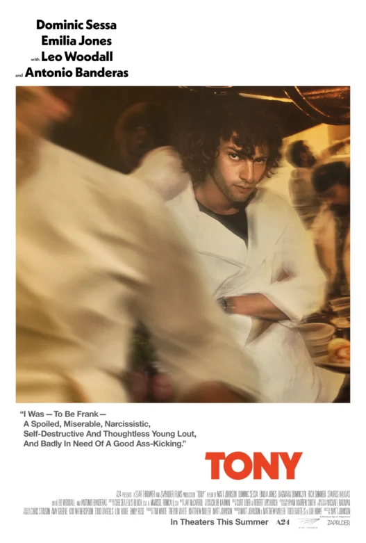 Dominic Sessa as a young Anthony Bourdain on the official poster for A24’s Tony