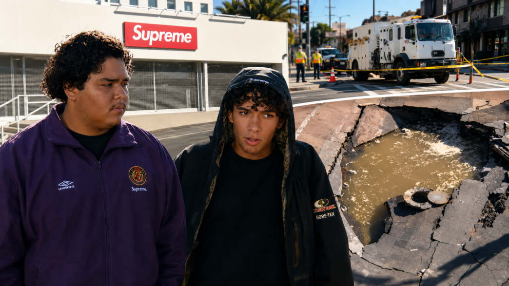 Two Supreme shoppers stand outside the West Hollywood store as crews respond to a major water main break and sinkhole.