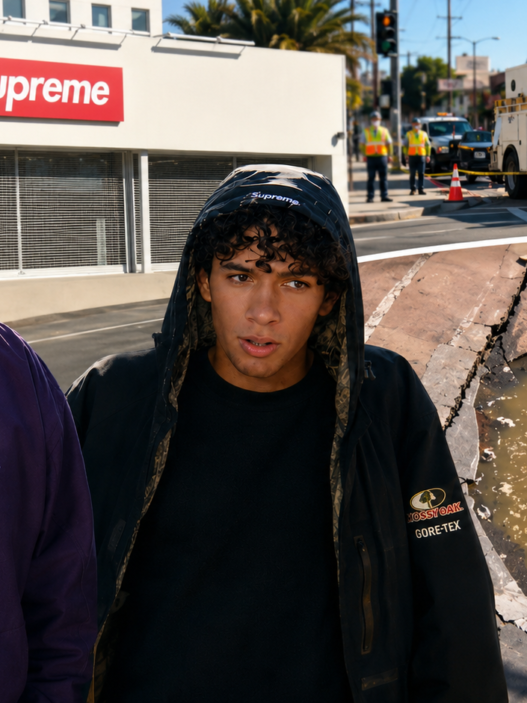 Two Supreme shoppers stand outside the West Hollywood store as crews respond to a major water main break and sinkhole.