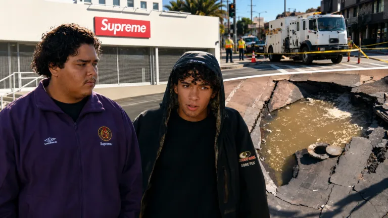 Two Supreme shoppers stand outside the West Hollywood store as crews respond to a major water main break and sinkhole.