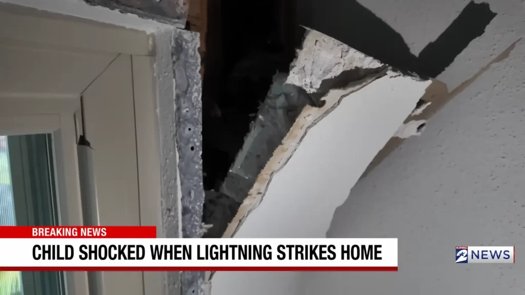 An image from KPRC’s report shows damage connected to a lightning strike at a Texas home.