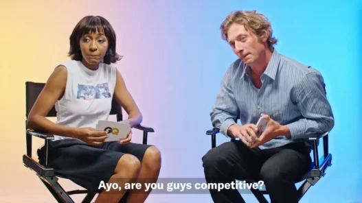 Ayo Edebiri and Jeremy Allen White laugh during GQ’s Friendship Quiz video for The Bear.