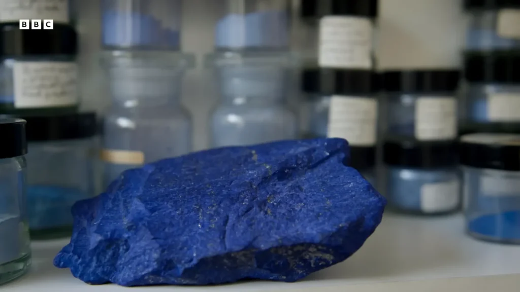 A vivid mound of blue ultramarine pigment appears in the BBC Earth Science film
