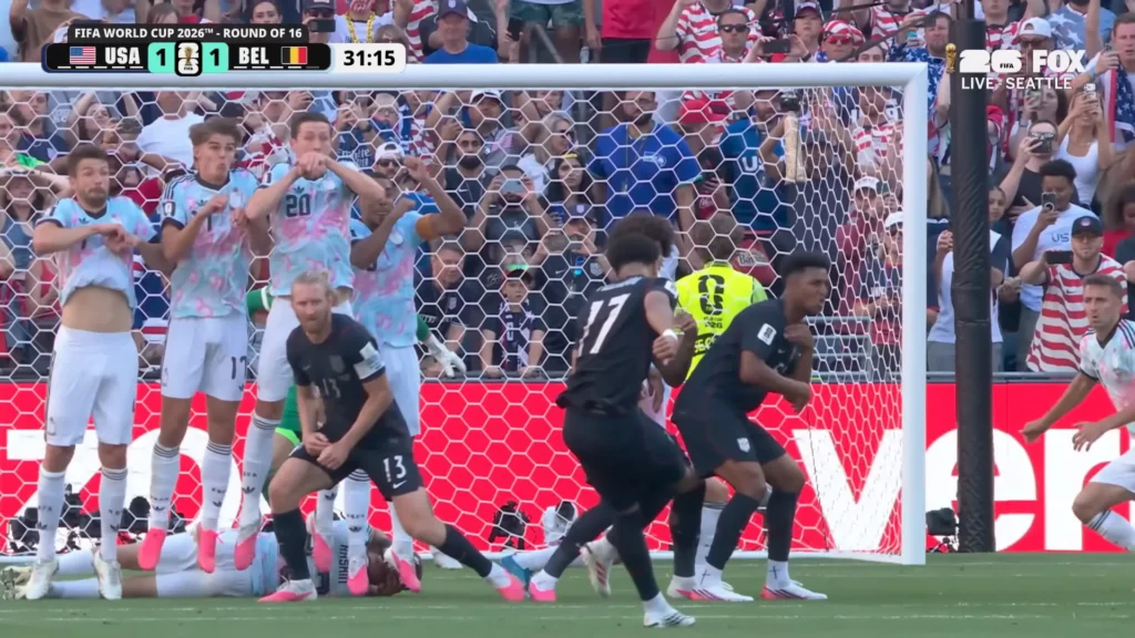 United States vs Belgium World Cup 2026 Round of 16 action screenshot.