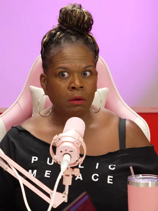 Yamaneika Saunders reacts while answering a listener relationship question on You’re the Problem