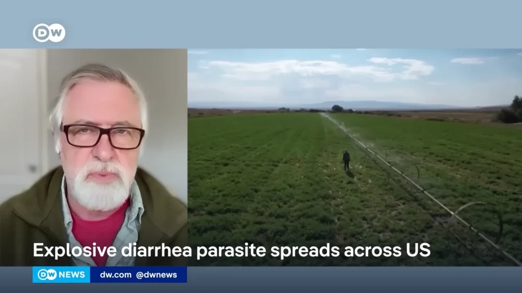 Rutgers food-safety professor Donald Schaffner discussing Cyclospora as irrigation water runs across a produce field