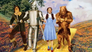 Dorothy, the Scarecrow, Tin Man and Cowardly Lion follow the Yellow Brick Road in The Wizard of Oz