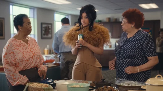 Cardi B holding a Zevia soda while appearing as the Real Talk Interpreter in the brand’s Potluck commercial
