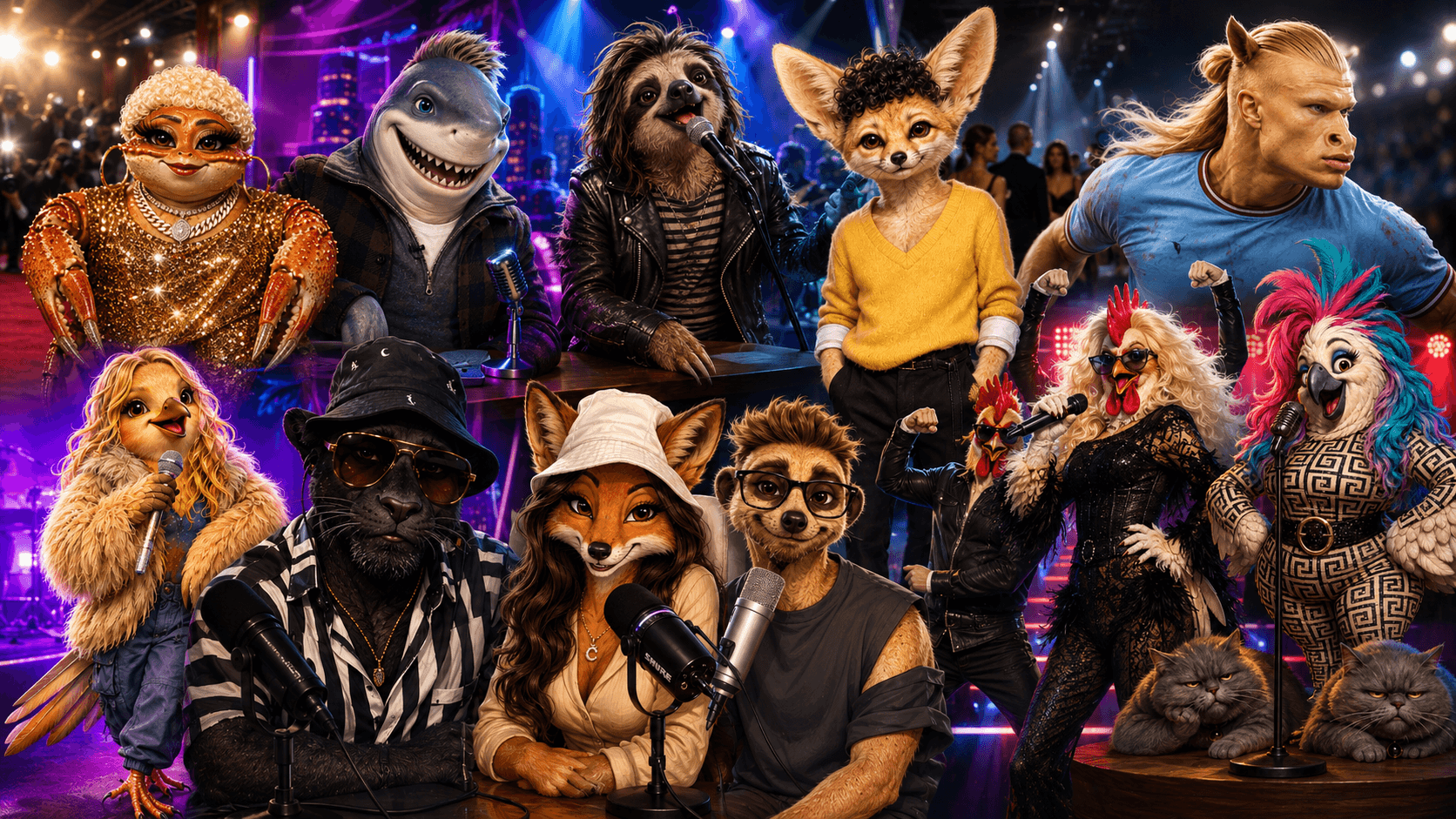 Celebrity-inspired animal characters gathered in a colorful guessing-game collage.