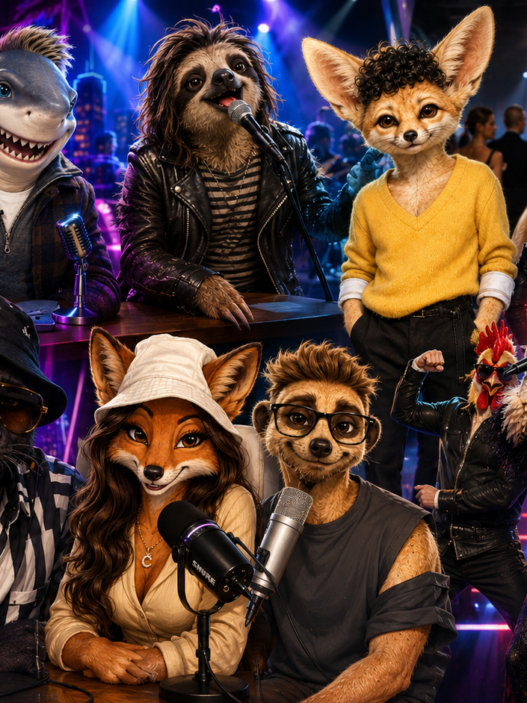 Celebrity-inspired animal characters including a crab, shark, sloth, fennec fox, horse, finch, rooster, cockatoo, panther, fox and meerkat gathered in a colorful entertainment collage.