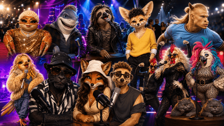 Celebrity-inspired animal characters including a crab, shark, sloth, fennec fox, horse, finch, rooster, cockatoo, panther, fox and meerkat gathered in a colorful entertainment collage.