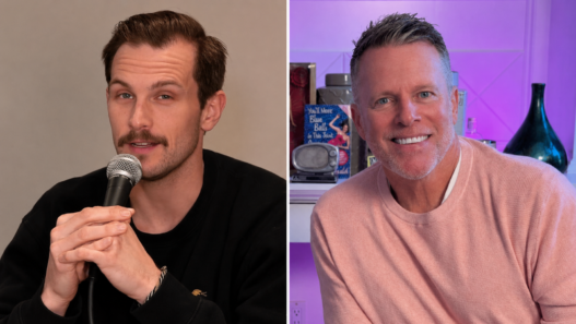 Alex Conn holding a microphone beside Cover to Cover host Chris Franjola