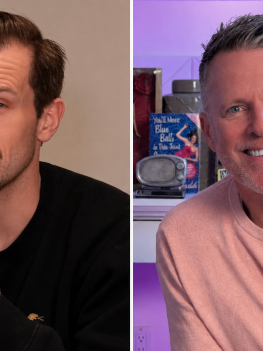 Alex Conn holding a microphone beside Cover to Cover host Chris Franjola