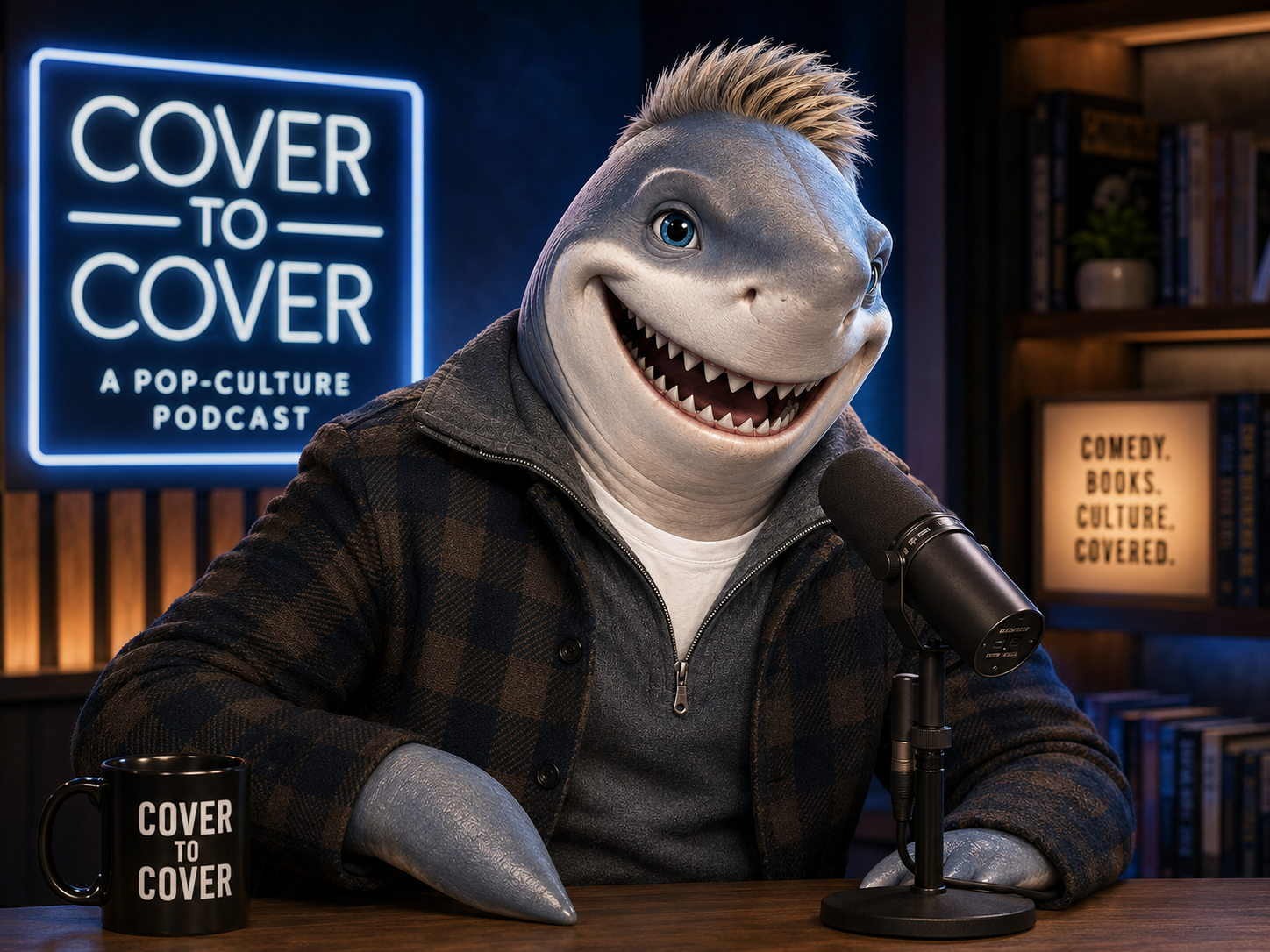 Chris Franjola reimagined as a smiling shark hosting a neon-lit comedy show inspired by the 1980s.