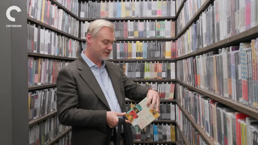 Christopher Nolan discussing cinema during his Criterion Closet Picks visit