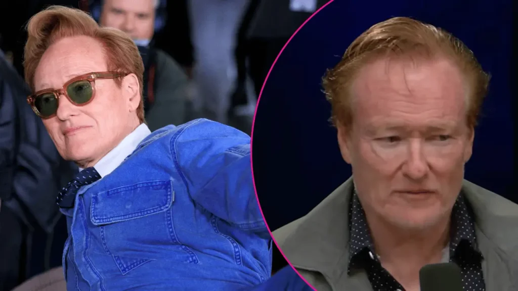 Conan O’Brien wearing a slicked-back hairstyle during his podcast conversation with Molly Shannon