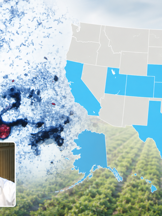 Cyclospora parasites beside a map of U.S. states reporting cases, with Rutgers food-safety expert Donald Schaffner and a DW News host shown in a small inset