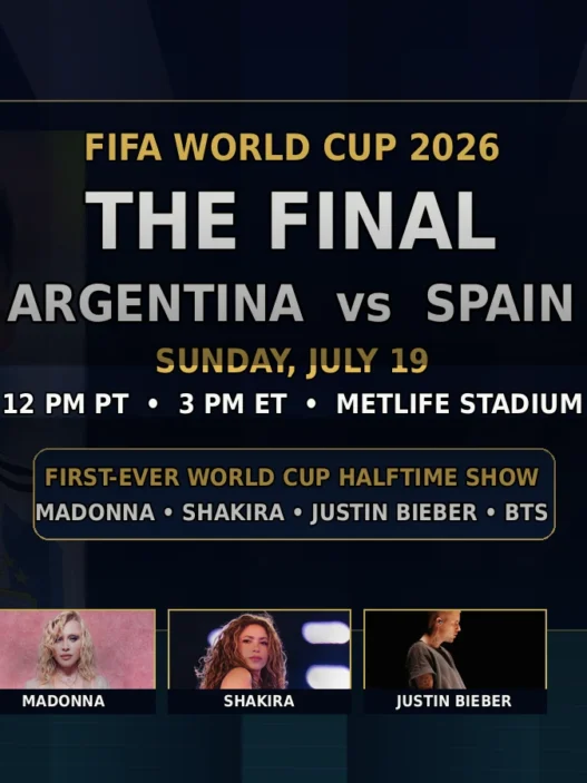 FIFA World Cup 2026 Final graphic for Sunday, July 19 showing Argentina vs Spain at MetLife Stadium with halftime show details