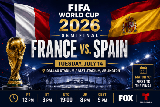 FIFA World Cup 2026 semifinal graphic for Tuesday, July 14 showing France vs Spain at Dallas Stadium with kickoff times and broadcast info