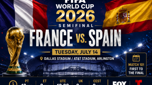 FIFA World Cup 2026 semifinal graphic for Tuesday, July 14 showing France vs Spain at Dallas Stadium with kickoff times and broadcast info
