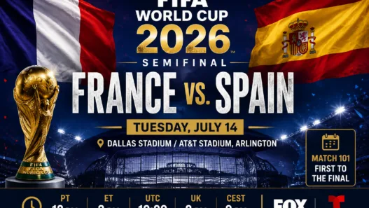 FIFA World Cup 2026 semifinal graphic for Tuesday, July 14 showing France vs Spain at Dallas Stadium with kickoff times and broadcast info