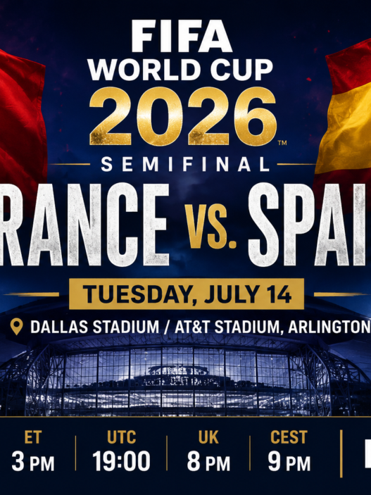 FIFA World Cup 2026 semifinal graphic for Tuesday, July 14 showing France vs Spain at Dallas Stadium with kickoff times and broadcast info