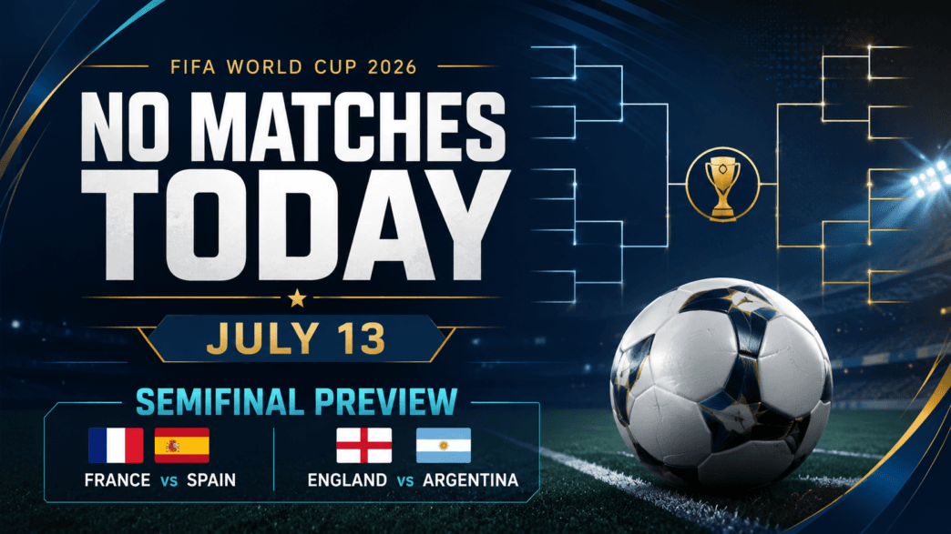 FIFA World Cup 2026 no matches today graphic for Monday, July 13 previewing the semifinals between France vs Spain and England vs Argentina