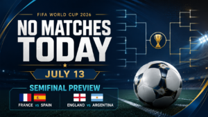 FIFA World Cup 2026 no matches today graphic for Monday, July 13 previewing the semifinals between France vs Spain and England vs Argentina