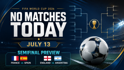 FIFA World Cup 2026 no matches today graphic for Monday, July 13 previewing the semifinals between France vs Spain and England vs Argentina