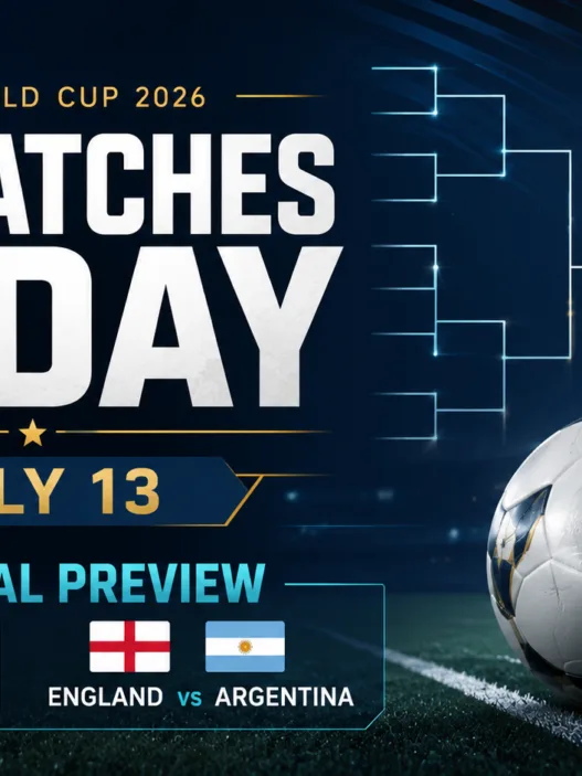 FIFA World Cup 2026 no matches today graphic for Monday, July 13 previewing the semifinals between France vs Spain and England vs Argentina